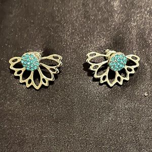Fashion 2-sided Light Blue Gemstone Studs with Half Silver Flower in Back